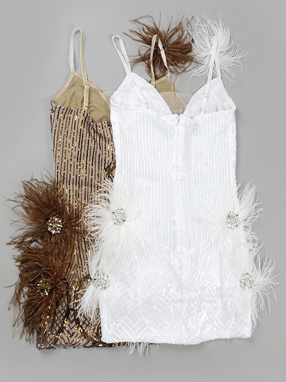 Sequin Deep V-Neck Feather Trim Bodycon Mini Dress