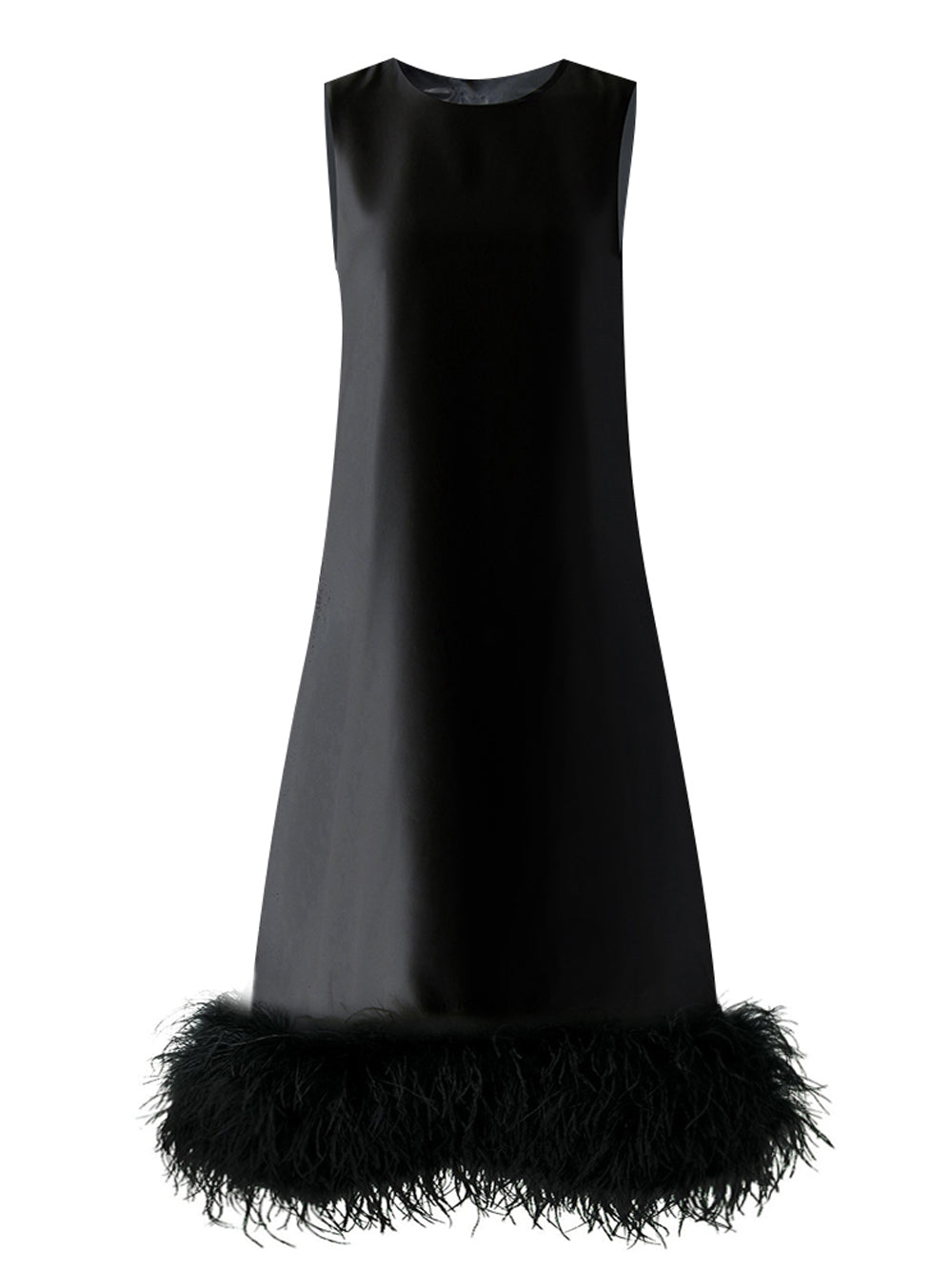 Cowl Neck Sleeveless Shift Feather Hem Midi Dress