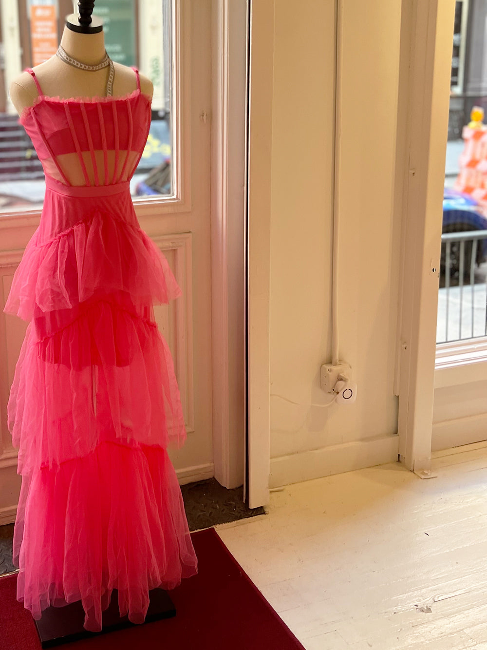 Spaghetti Strap Square Neck Corset Tiered Ruffle Tulle Maxi Gown