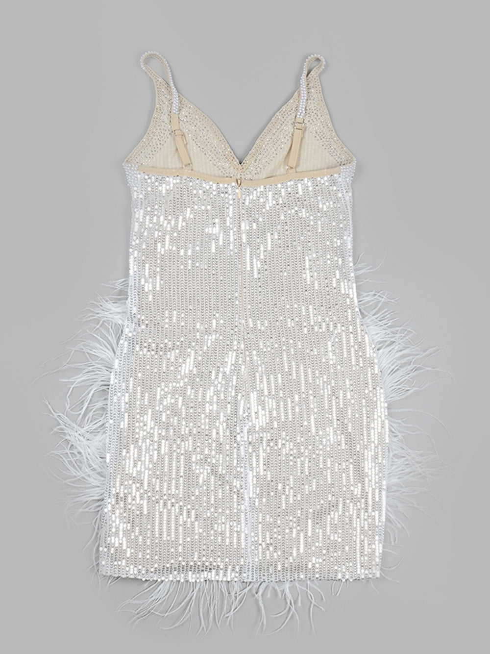 Spaghetti Strap Deep V-Neck Sequin Feather Burst Crystal Trim Mini Dress