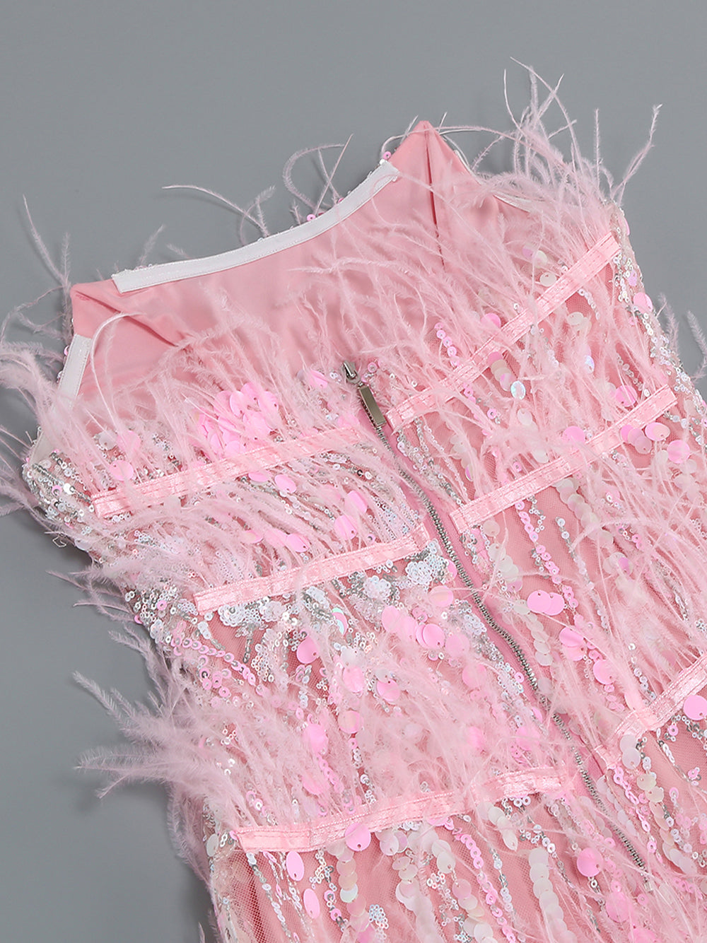 Sequin Feather Trim Strapless Tiered Bodycon Mini Dress
