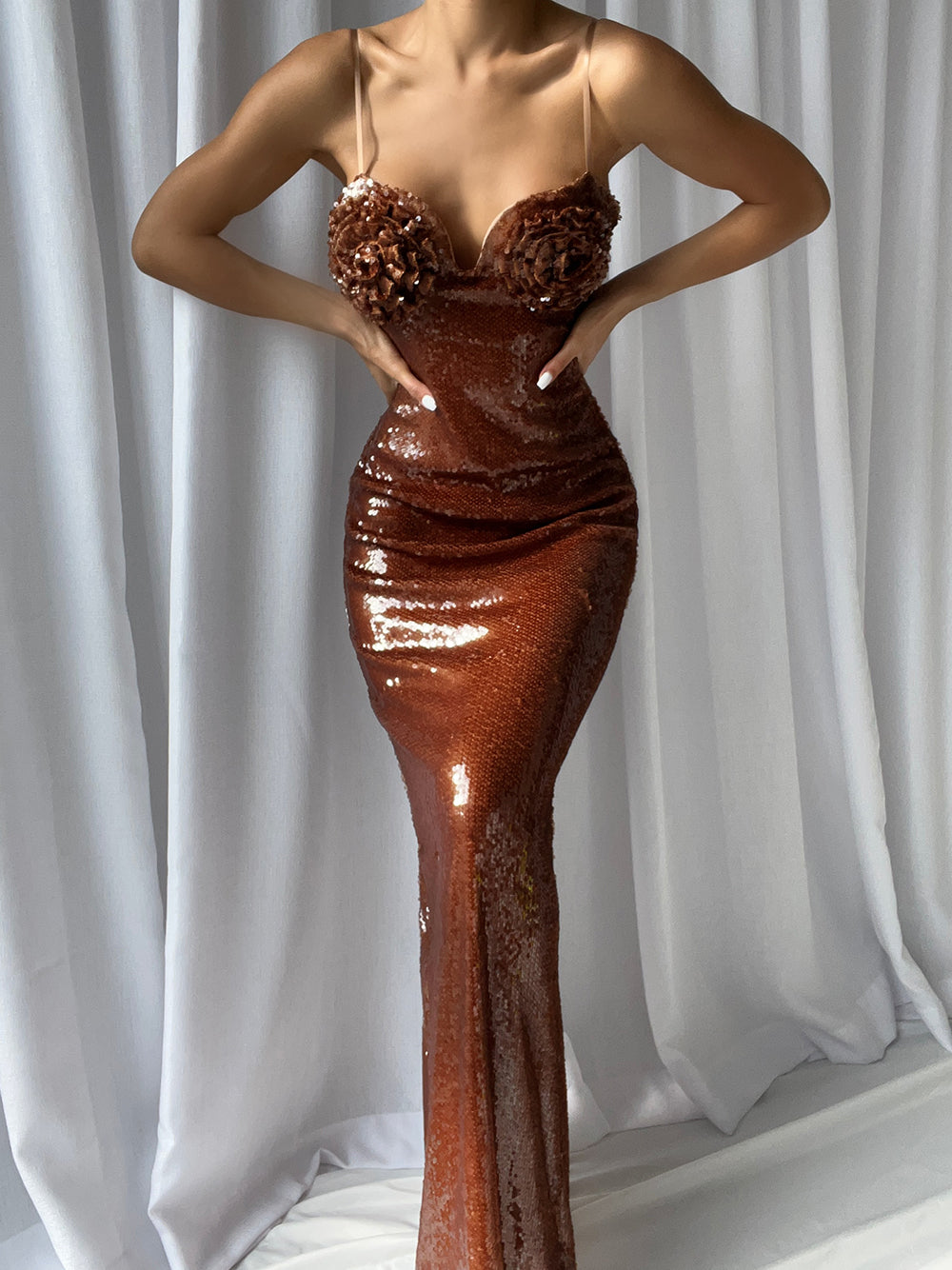Sequin Spaghetti Strap Sweetheart Rosette Applique Mermaid Gown