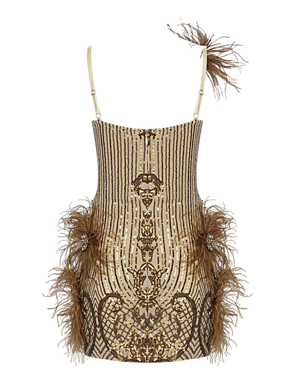 Sequin Deep V-Neck Feather Trim Bodycon Mini Dress