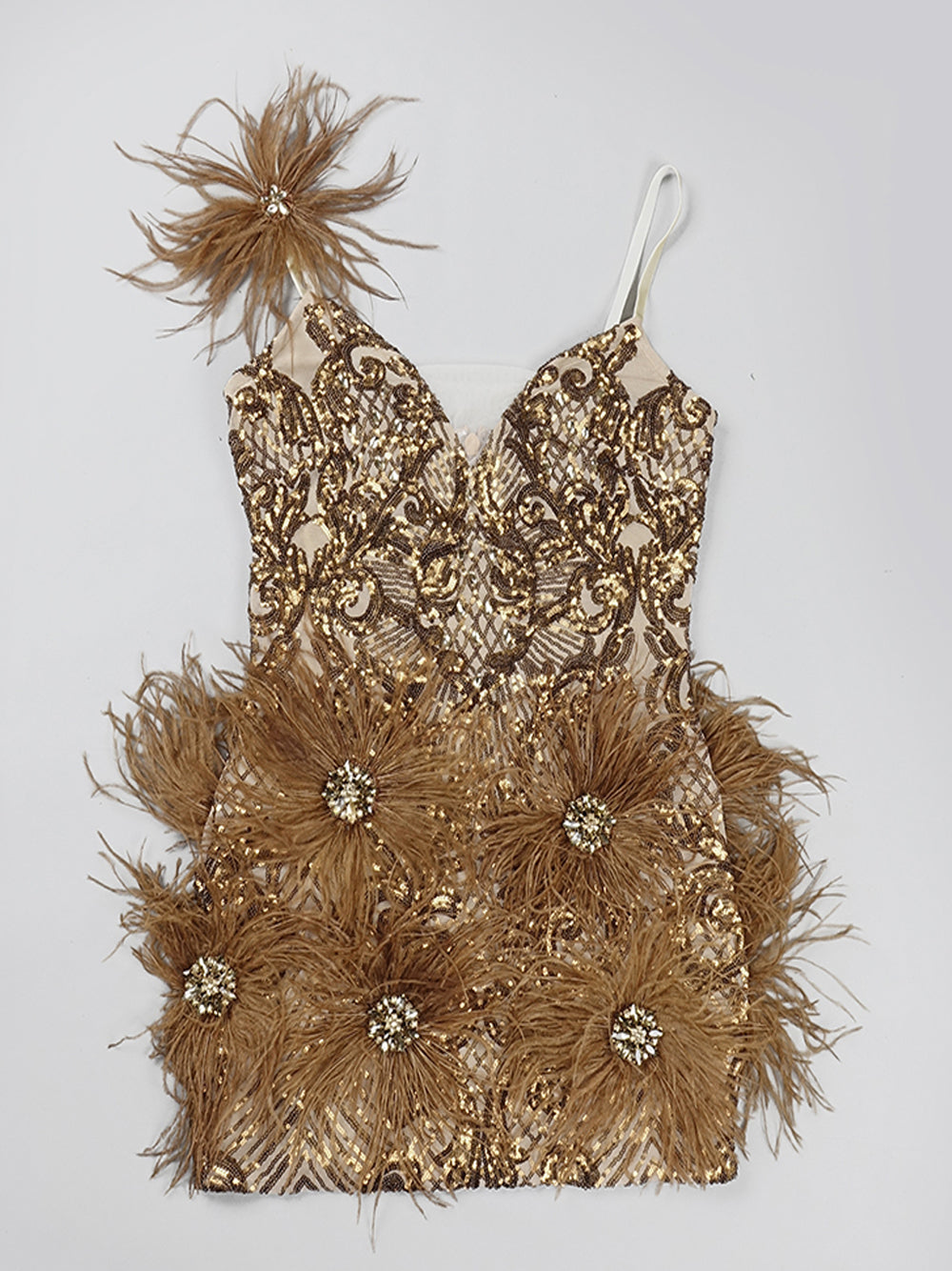 Sequin Deep V-Neck Feather Trim Bodycon Mini Dress