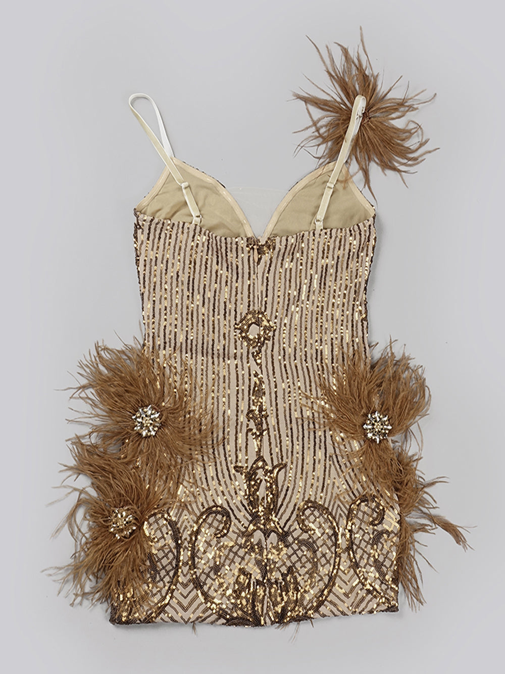 Sequin Deep V-Neck Feather Trim Bodycon Mini Dress
