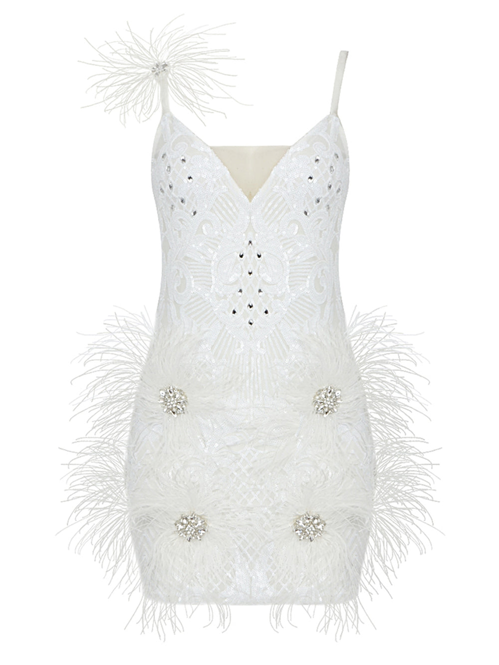 Sequin Deep V-Neck Feather Trim Bodycon Mini Dress