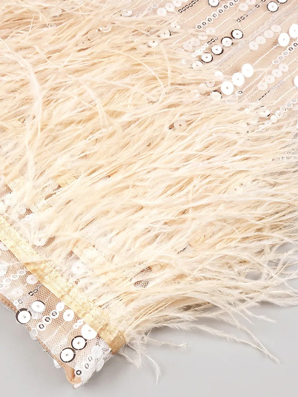 Sequin Rhinestone Halter Cross Strap Corset Mesh Cut Out Feather Trim Mini Dress