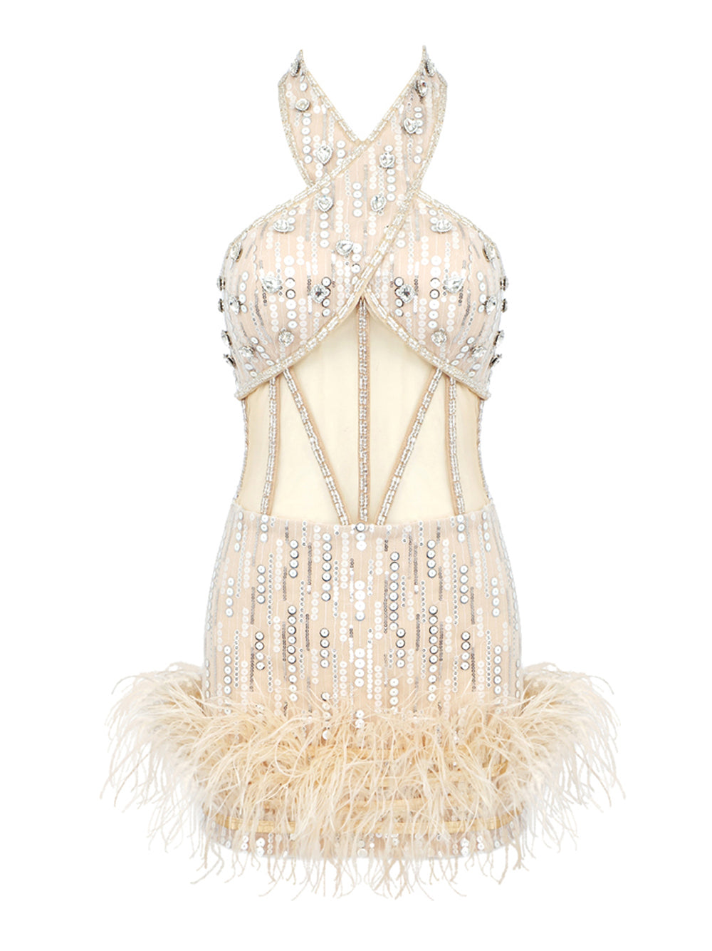 Sequin Rhinestone Halter Cross Strap Corset Mesh Cut Out Feather Trim Mini Dress