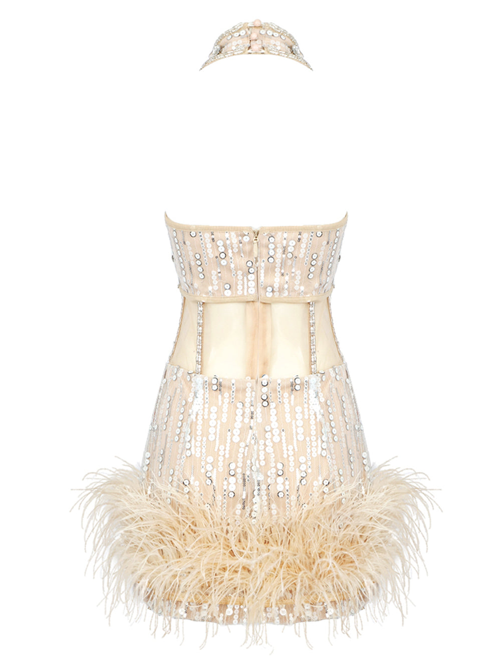 Sequin Rhinestone Halter Cross Strap Corset Mesh Cut Out Feather Trim Mini Dress