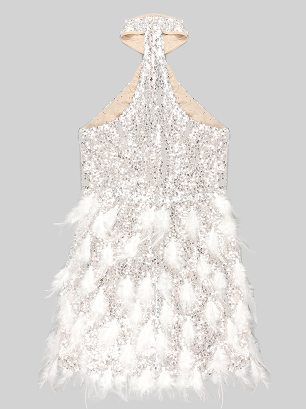 Sequin Halter Neck Plunge Feather Skirt Mini Dress