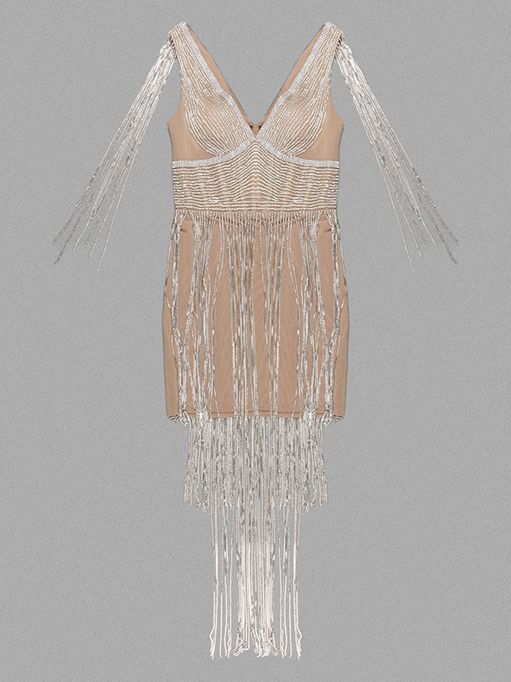 Rhinestone Deep V-Neck Sleeveless Long Fringe Bodycon Mini Dress