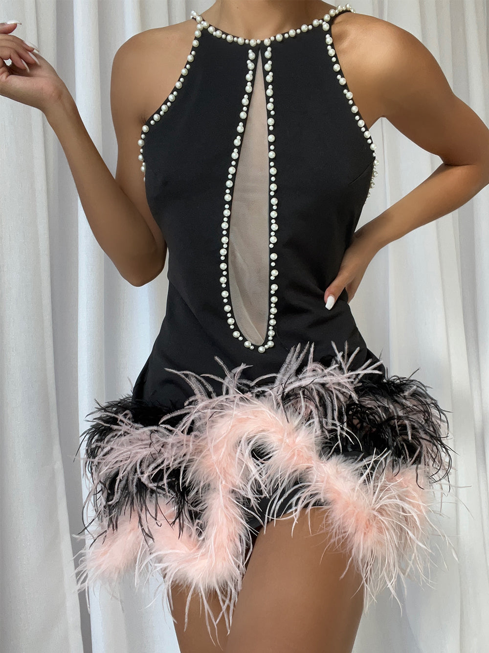 Pearl Trim Halter Neck Mesh Cut Out Feather Fringe Bodycon Mini Dress