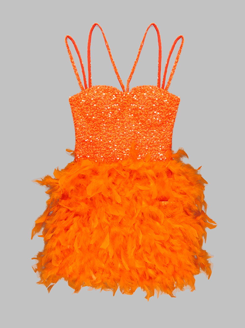 Sequin Sweetheart Cross Strap Feather Skirt Mini Dress