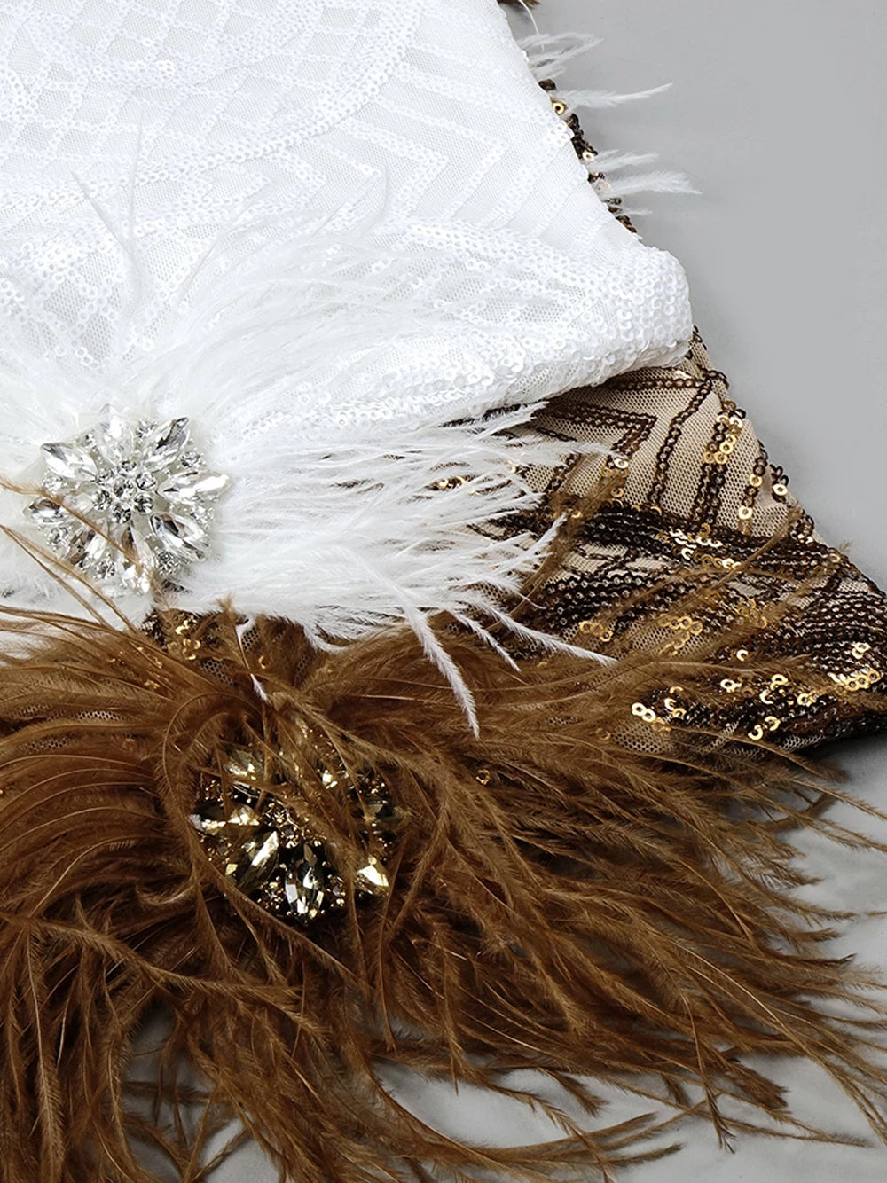 Sequin Deep V-Neck Feather Trim Bodycon Mini Dress