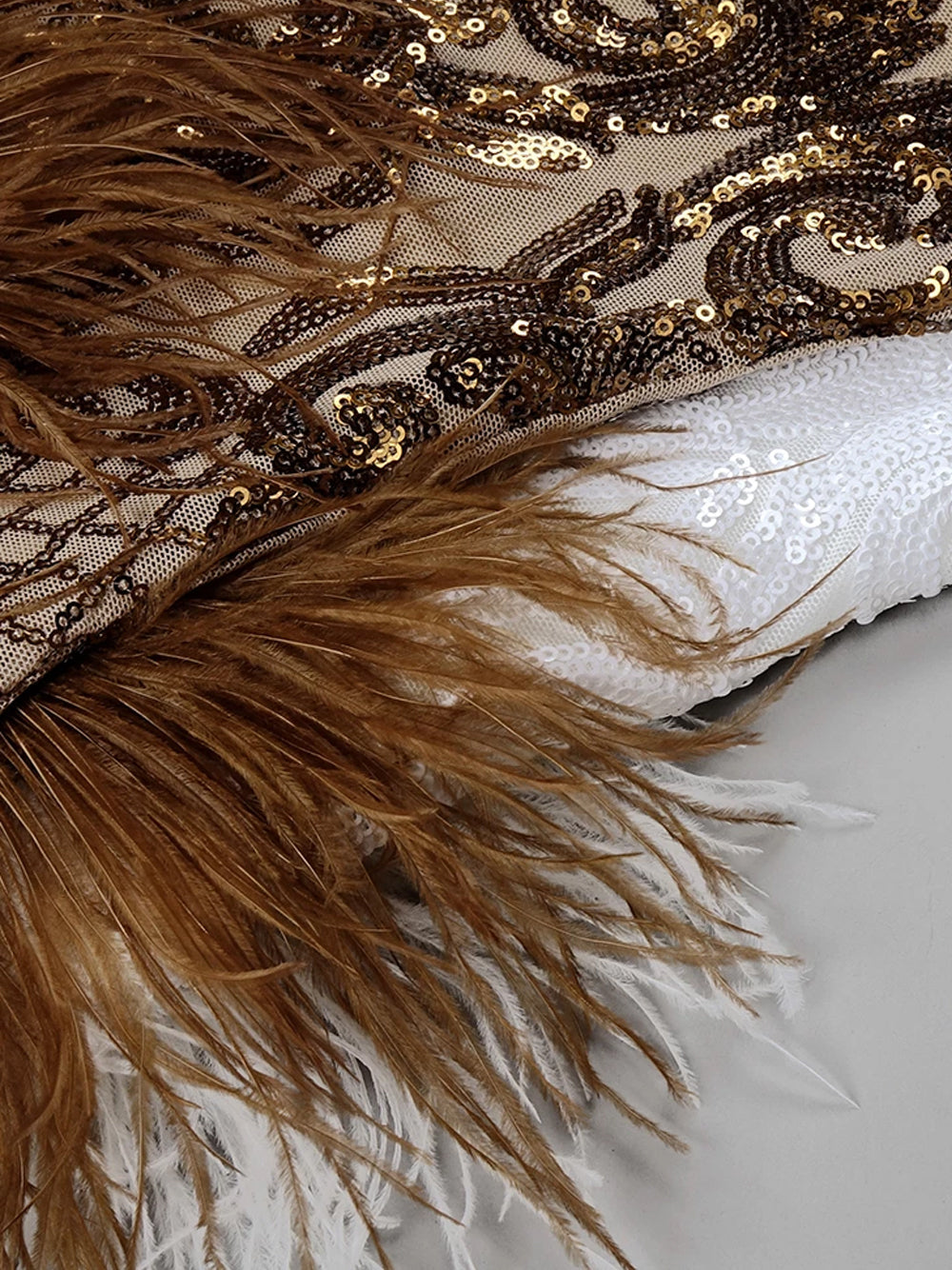 Sequin Deep V-Neck Feather Trim Bodycon Mini Dress