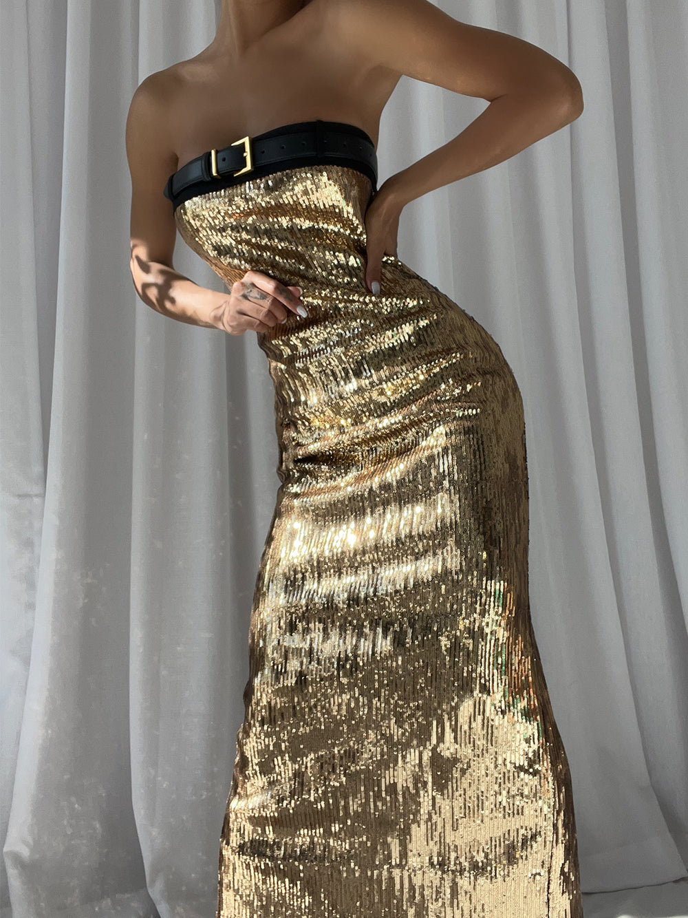 Sequin Strapless Ruched Bodycon Midi Dress