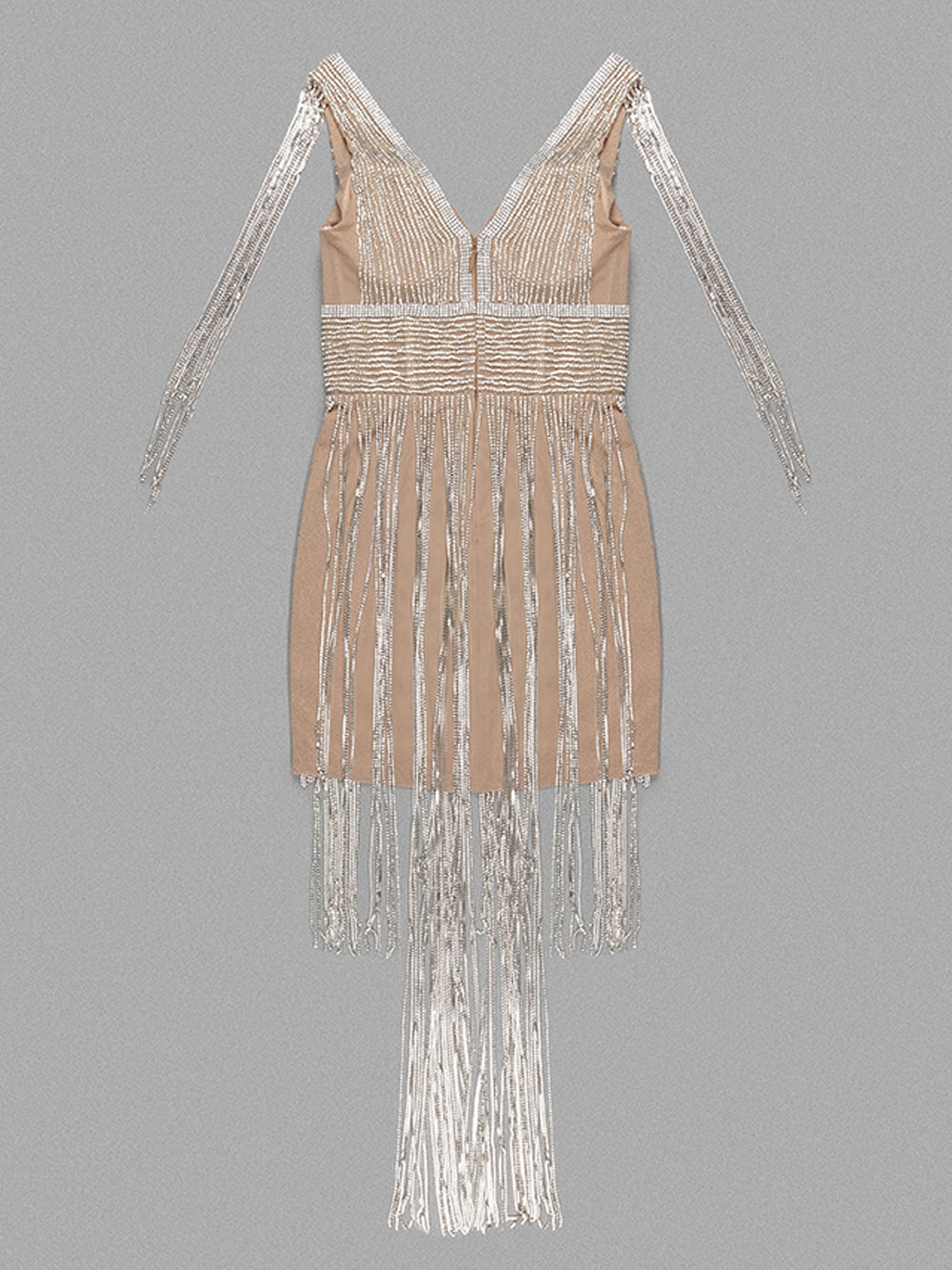 Rhinestone Deep V-Neck Sleeveless Long Fringe Bodycon Mini Dress