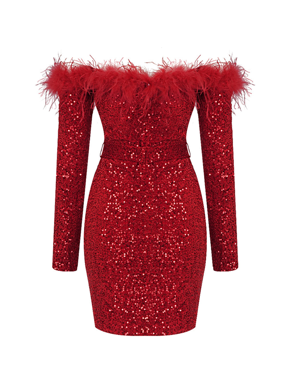 Sequin Off Shoulder Feather Trim Long Sleeve Bodycon Mini Dress