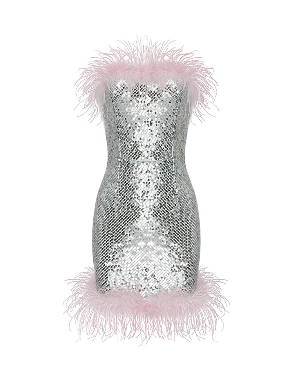 Sequin Strapless Feather Trim Bodycon Mini Dress