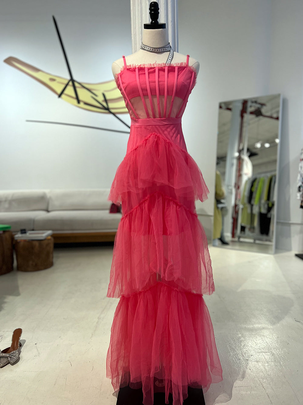 Spaghetti Strap Square Neck Corset Tiered Ruffle Tulle Maxi Gown