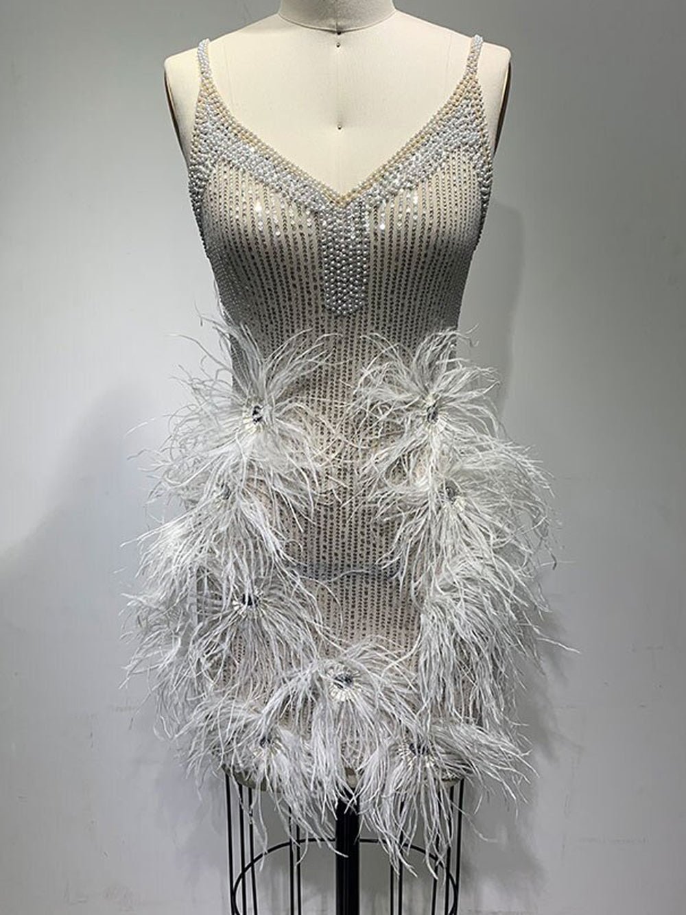 Spaghetti Strap Deep V-Neck Sequin Feather Burst Crystal Trim Mini Dress