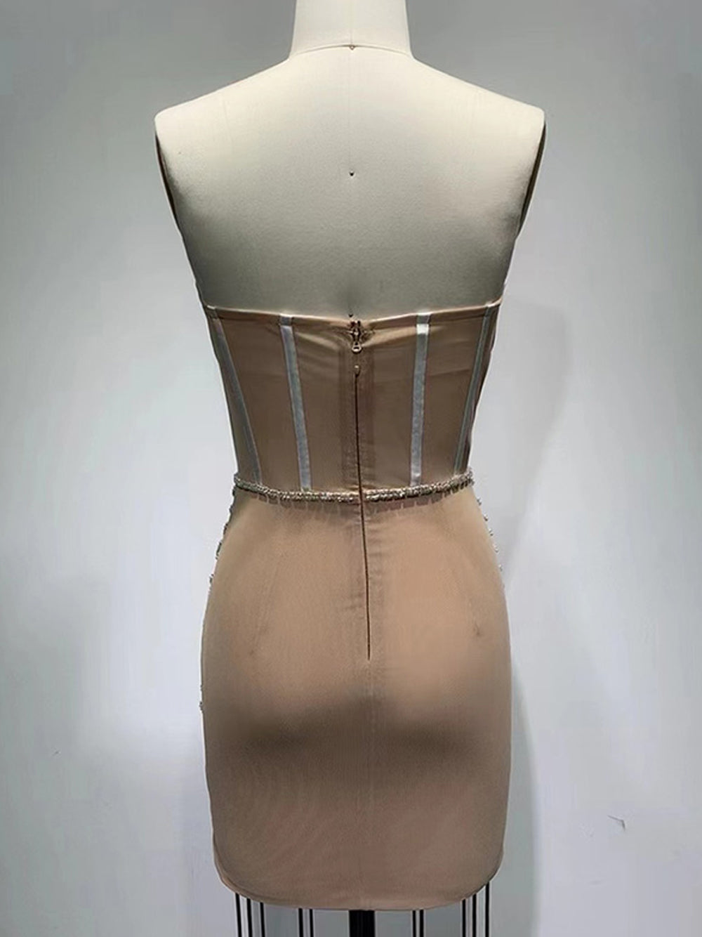 Sequin Strapless Sheer Corset Pearl Beaded Mini Dress