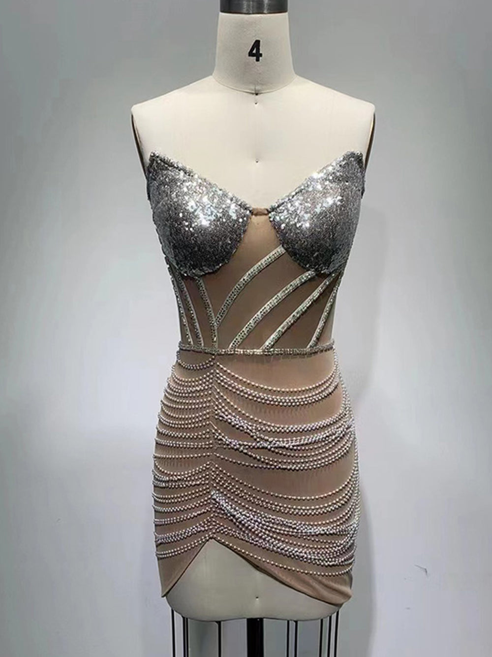 Sequin Strapless Sheer Corset Pearl Beaded Mini Dress