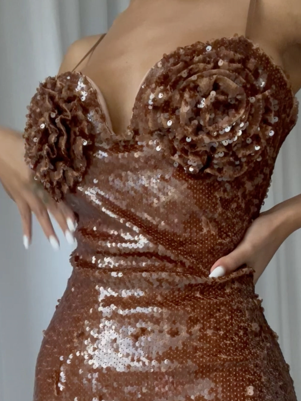 Sequin Spaghetti Strap Sweetheart Rosette Applique Mermaid Gown