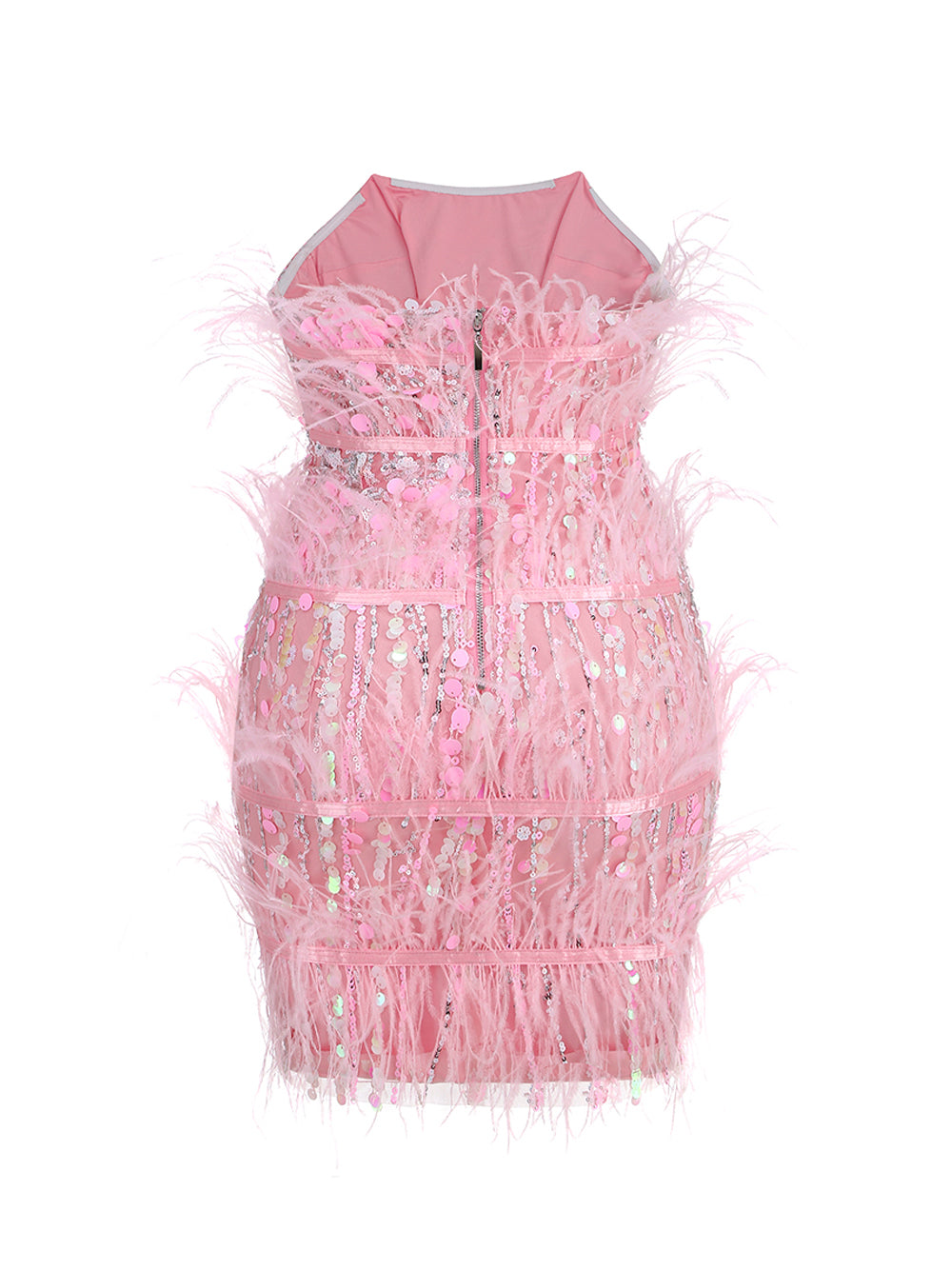 Sequin Feather Trim Strapless Tiered Bodycon Mini Dress