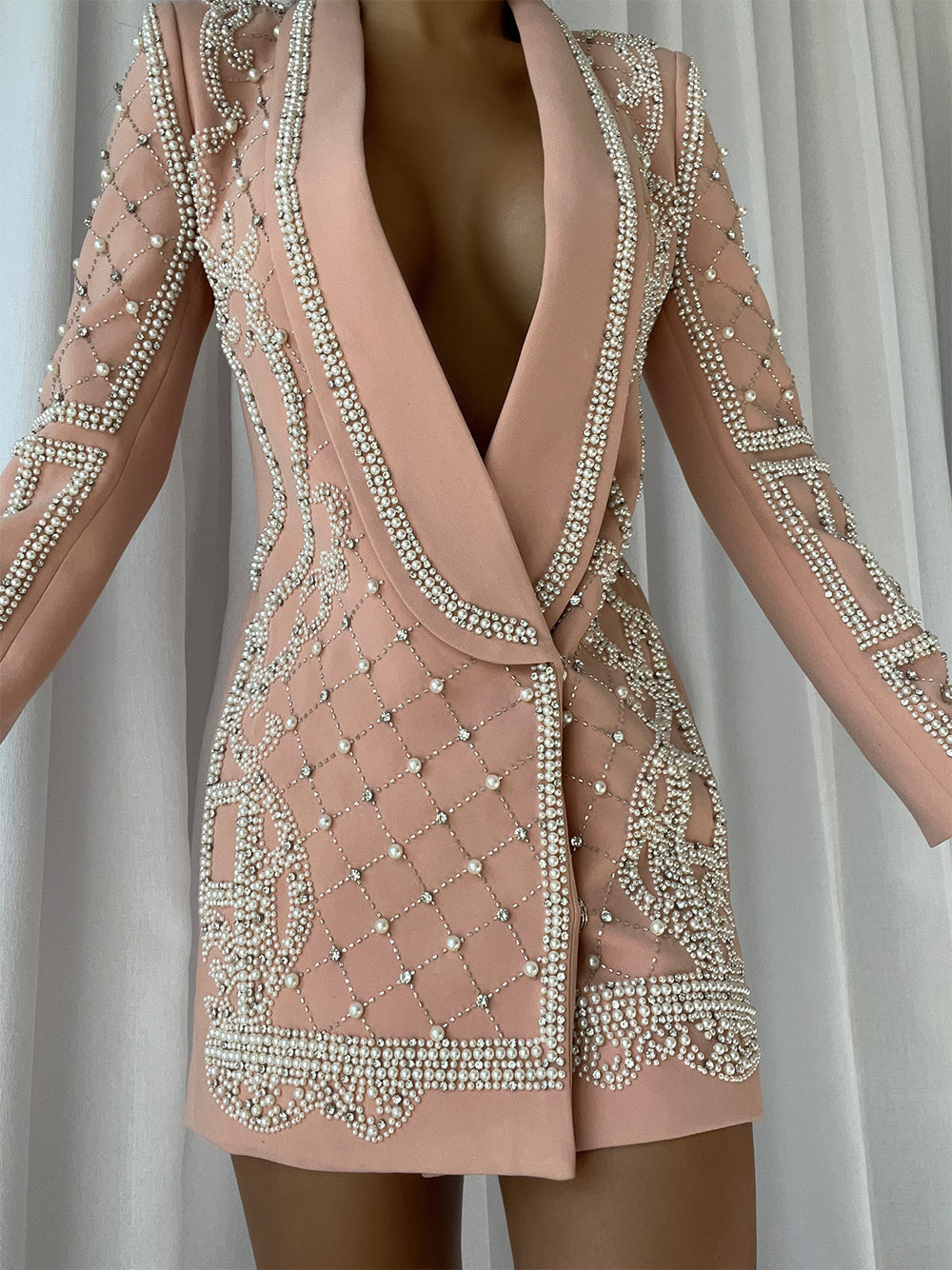 Pearl Rhinestone Beaded Deep V-Neck Long Sleeve Blazer Mini Dress