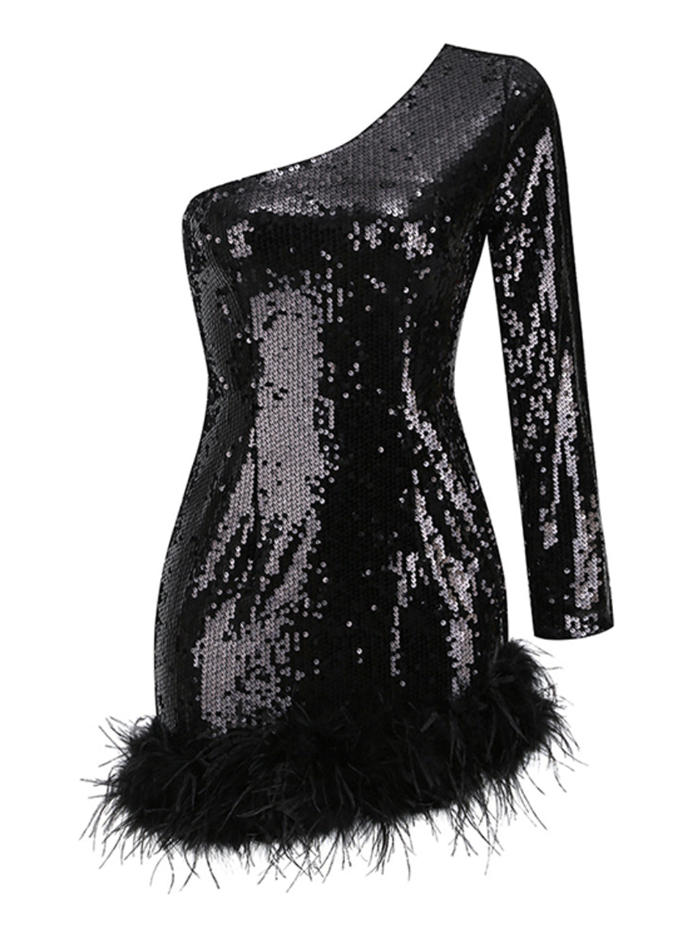 Sequin One Shoulder Long Sleeve Feather Trim Bodycon Mini Dress