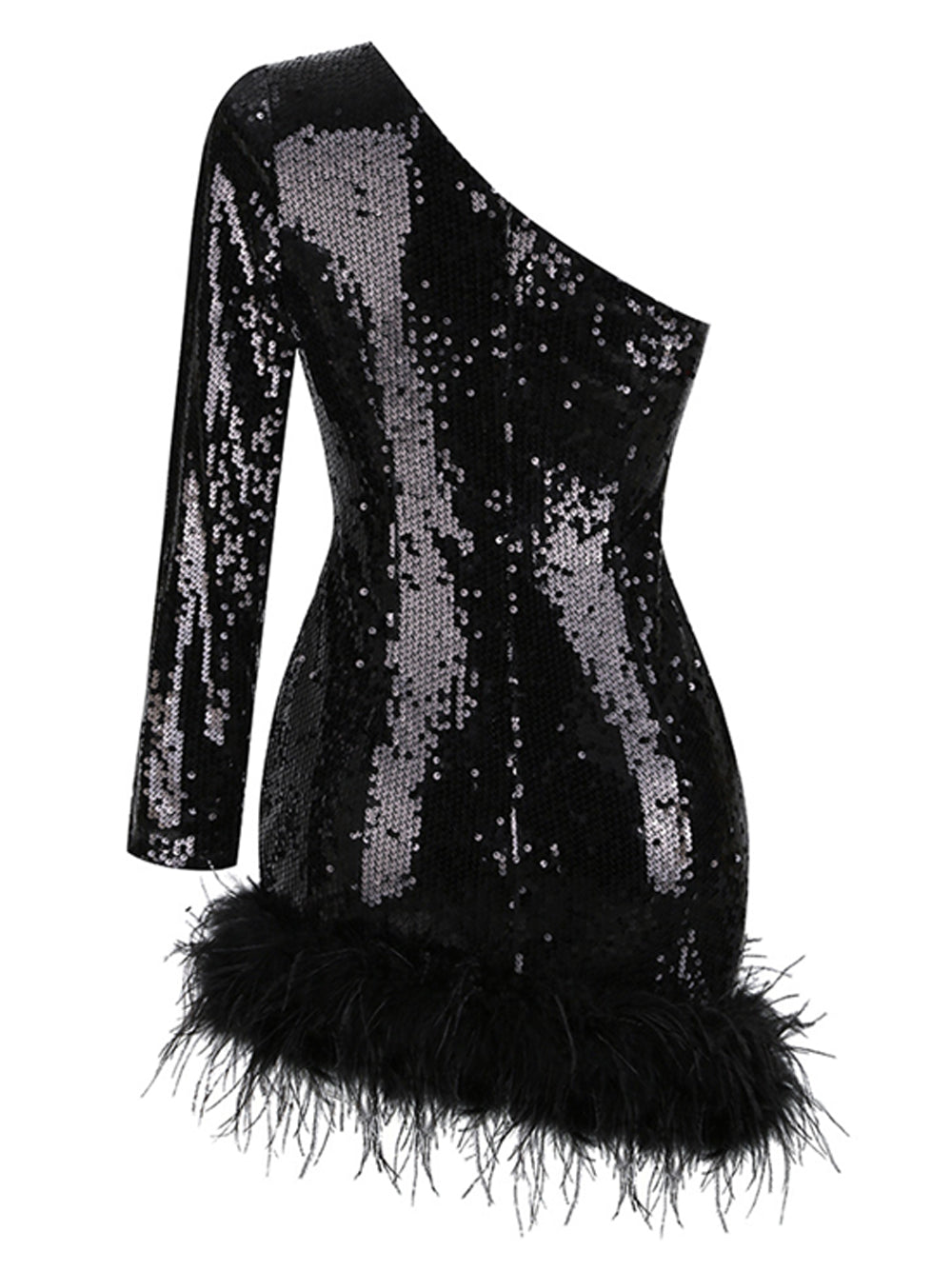 Sequin One Shoulder Long Sleeve Feather Trim Bodycon Mini Dress