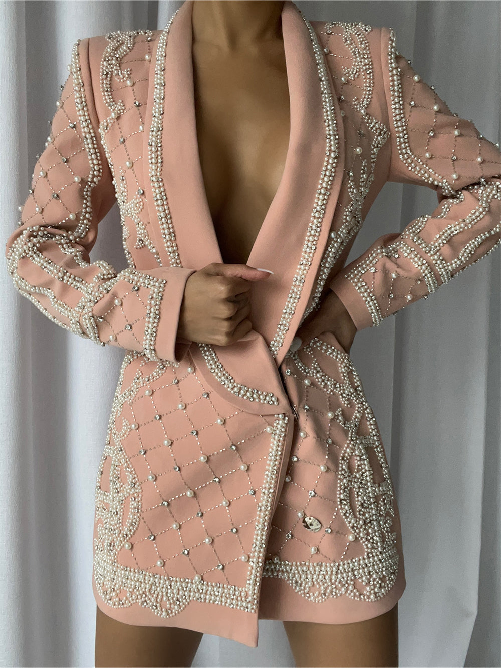 Pearl Rhinestone Beaded Deep V-Neck Long Sleeve Blazer Mini Dress