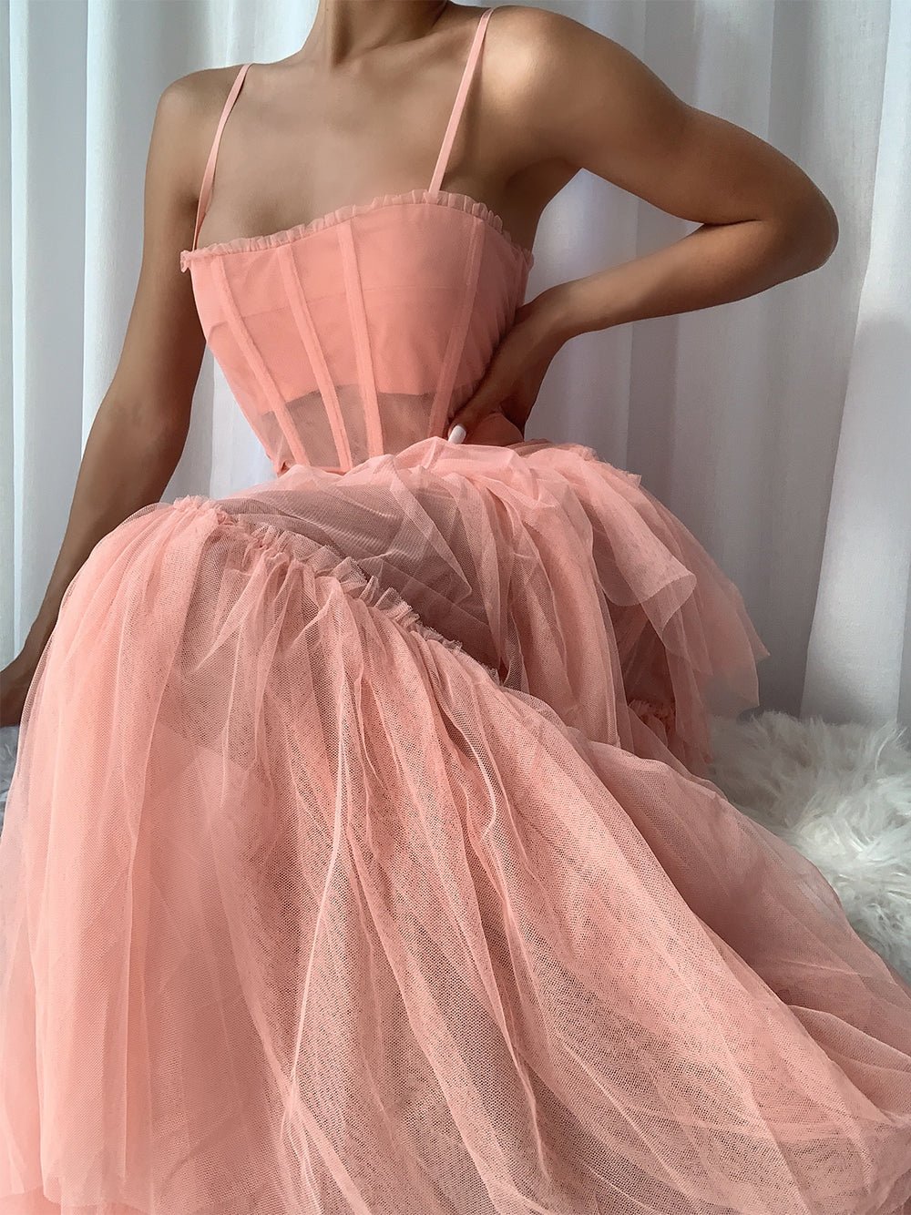Tulle Spaghetti Strap Corset Boned Bodice Diagonal Tier Ruffle Maxi Gown