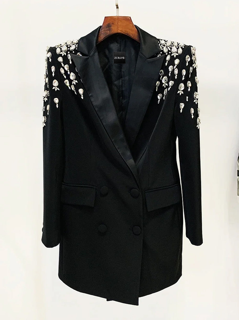 Beaded Double Breasted Satin Lapel Long Sleeve Blazer Mini Dress