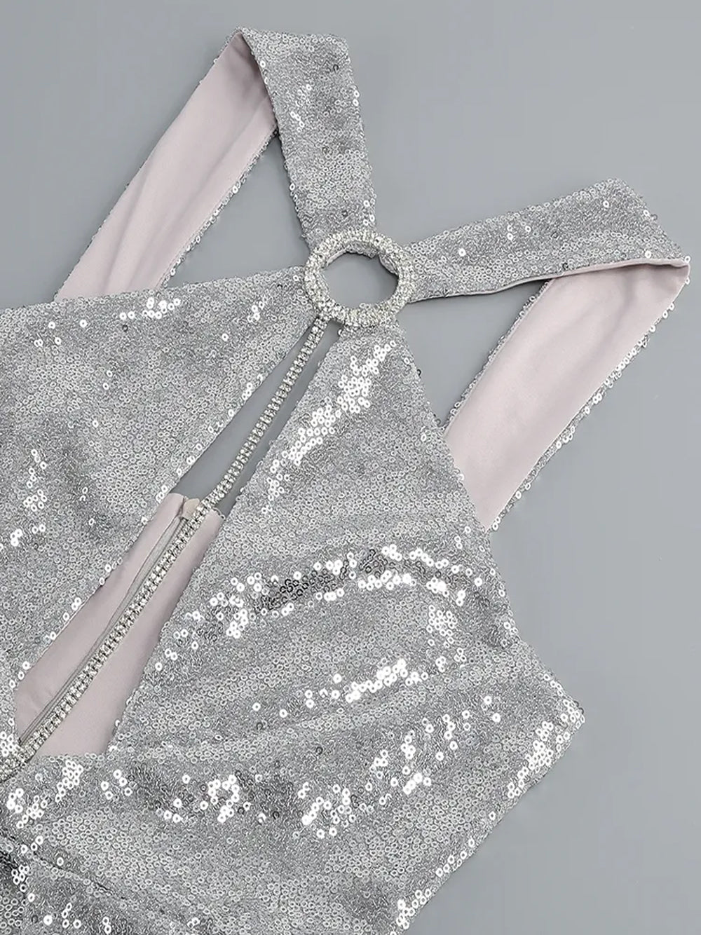 Sequin Halter Keyhole Cut Out Cross Back Asymmetric Hem Mini Dress