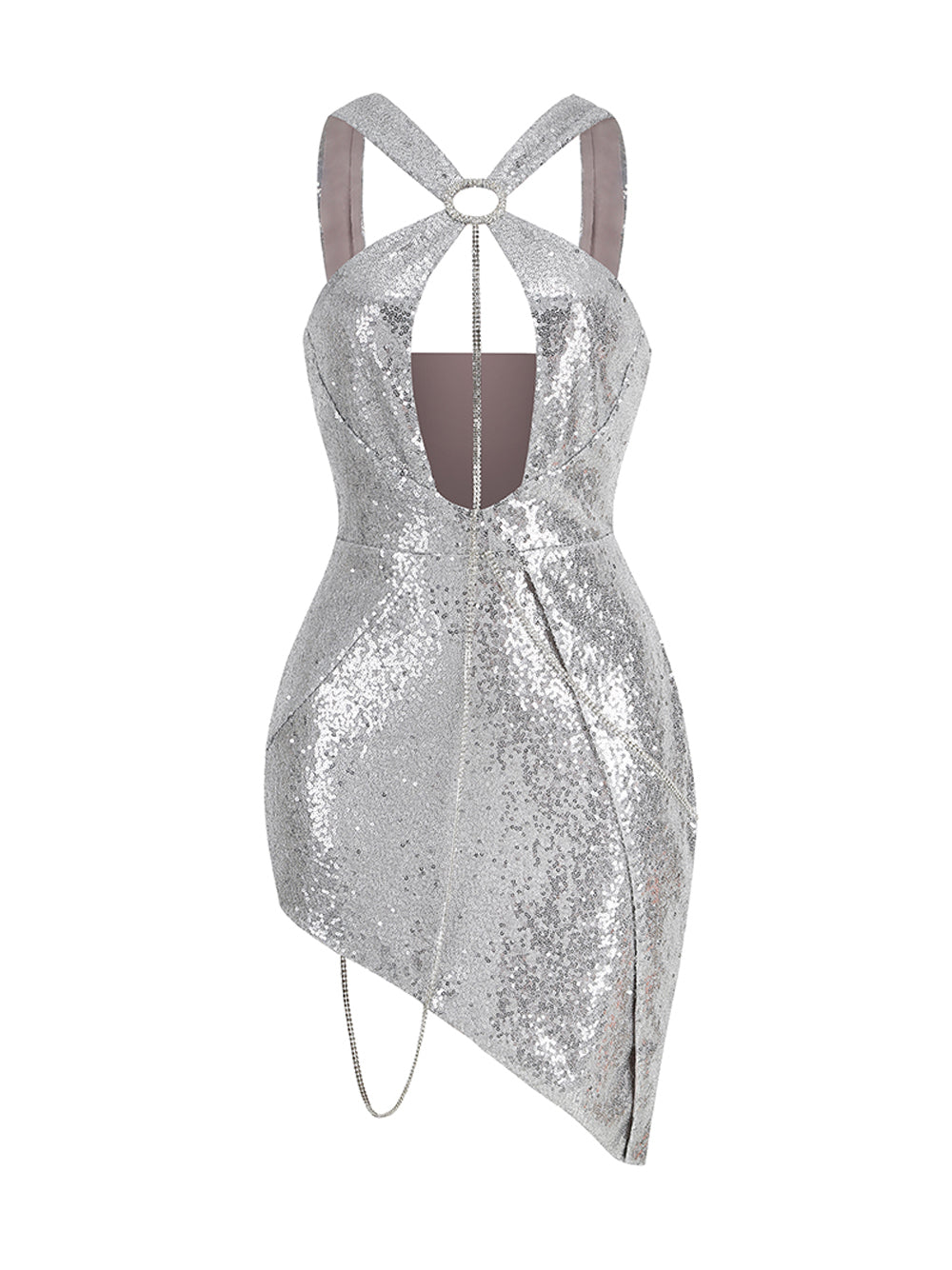 Sequin Halter Keyhole Cut Out Cross Back Asymmetric Hem Mini Dress