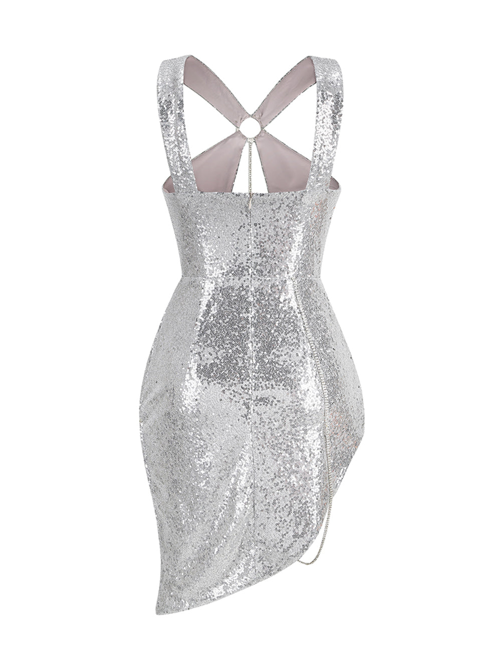 Sequin Halter Keyhole Cut Out Cross Back Asymmetric Hem Mini Dress