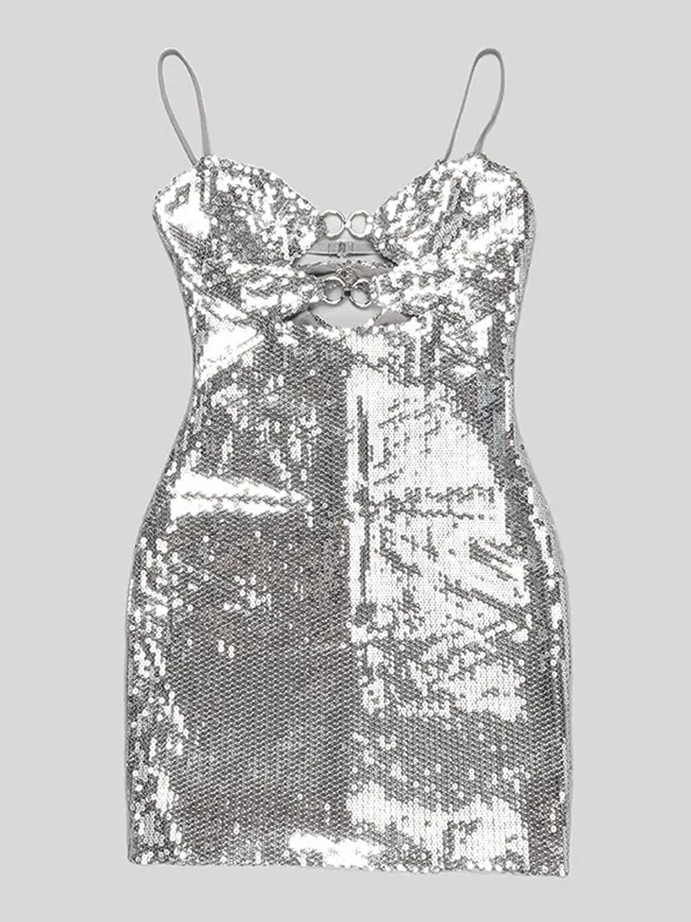 Sequin Spaghetti Strap O Ring Cut Out Bodycon Mini Dress
