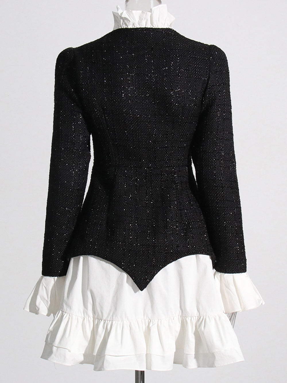 Tweed Faux Two Piece Ruffle Collar Button Front Mini Dress
