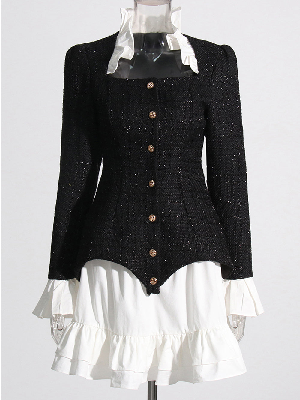 Tweed Faux Two Piece Ruffle Collar Button Front Mini Dress