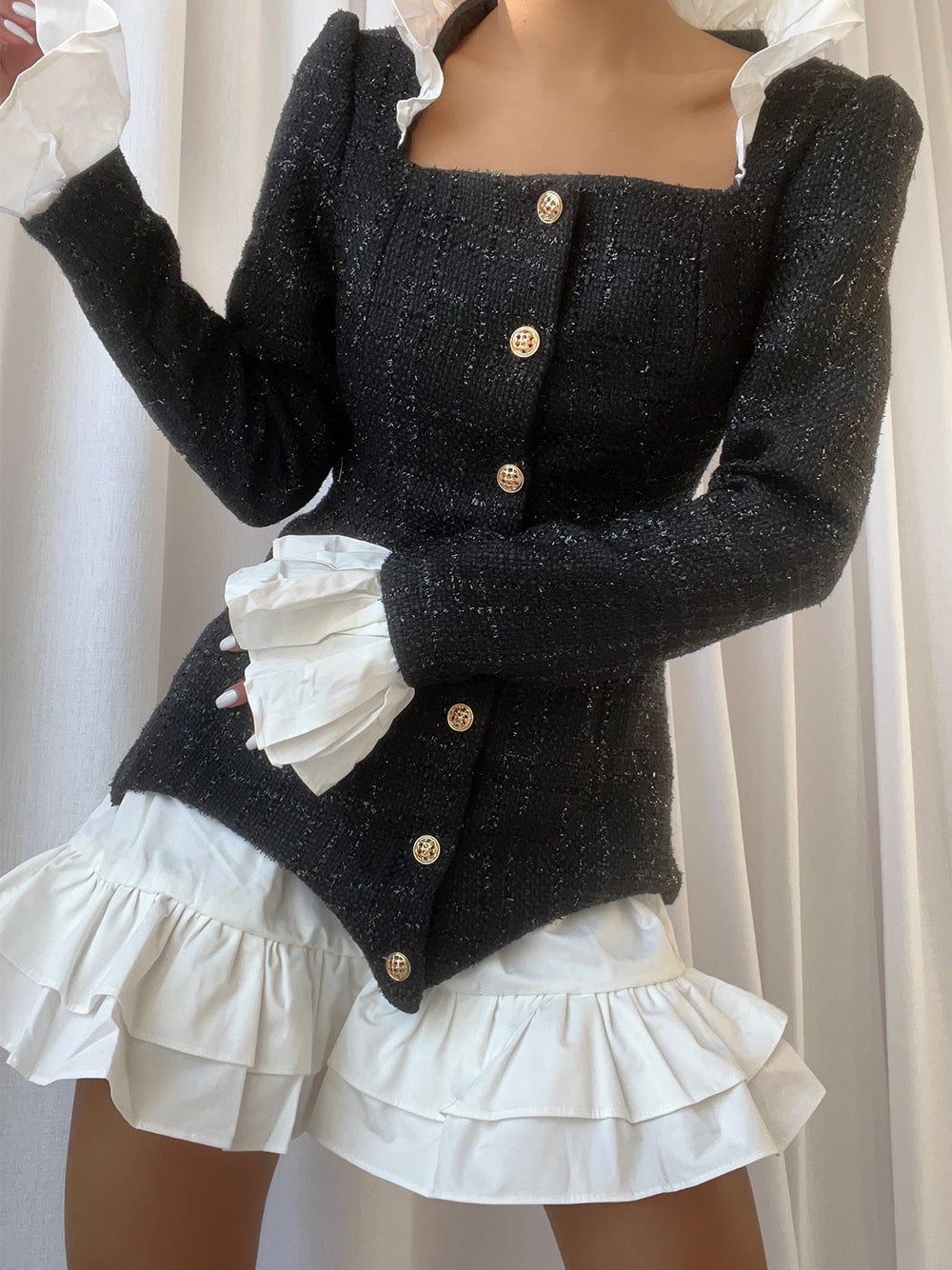 Tweed Faux Two Piece Ruffle Collar Button Front Mini Dress