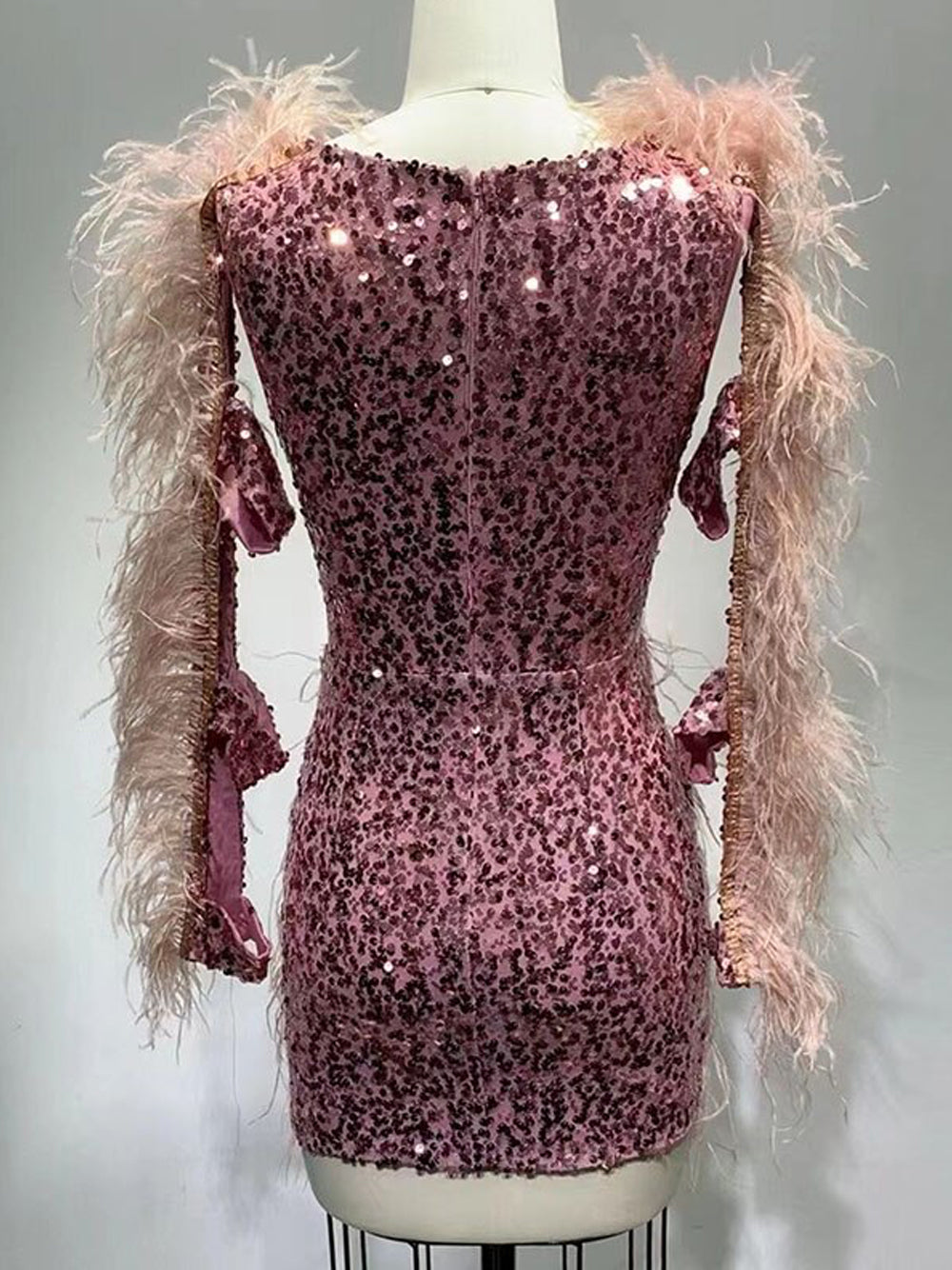 Sequin Deep V-Neck Feather Trim Long Sleeve Cut Out Mini Dress