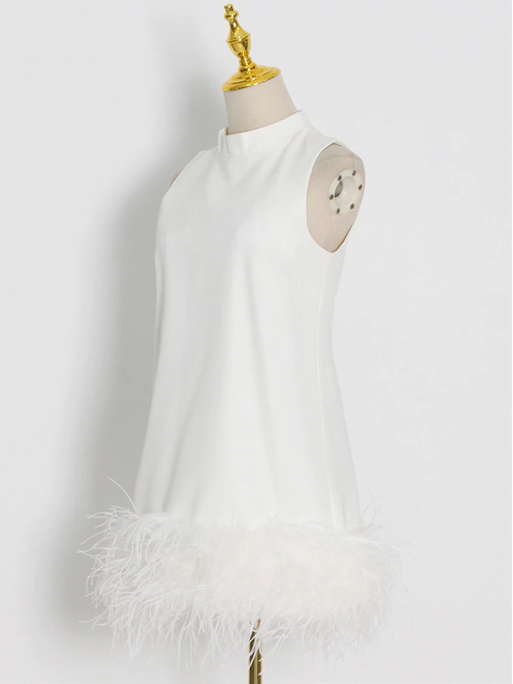 Sleeveless High Neck Feather Hem Shift Mini Dress