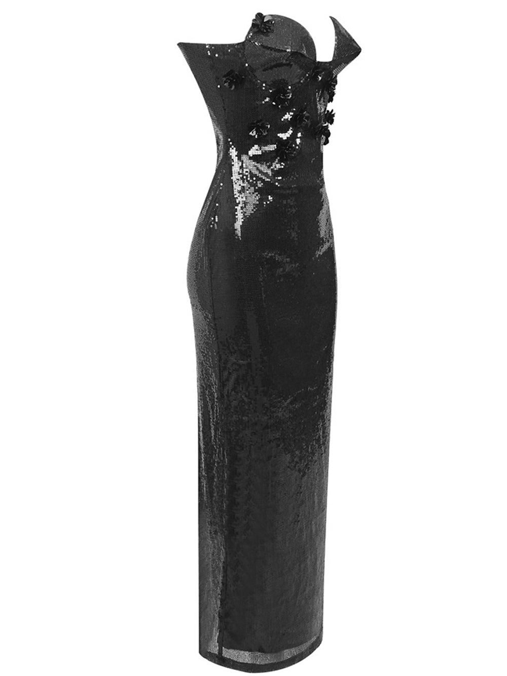 Sequin Strapless Sweetheart Corset 3D Floral Applique Bodycon Maxi Gown
