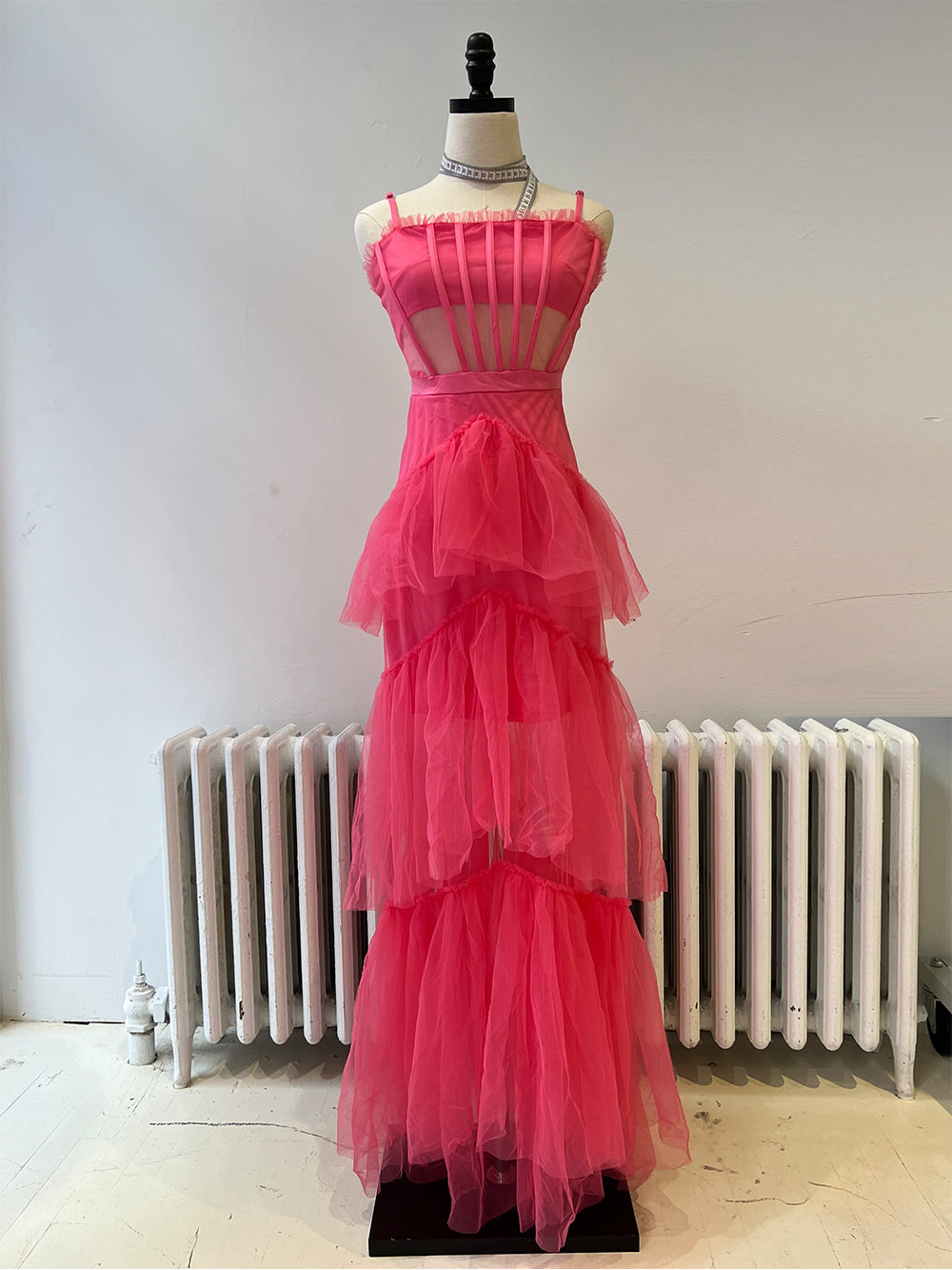Spaghetti Strap Square Neck Corset Tiered Ruffle Tulle Maxi Gown