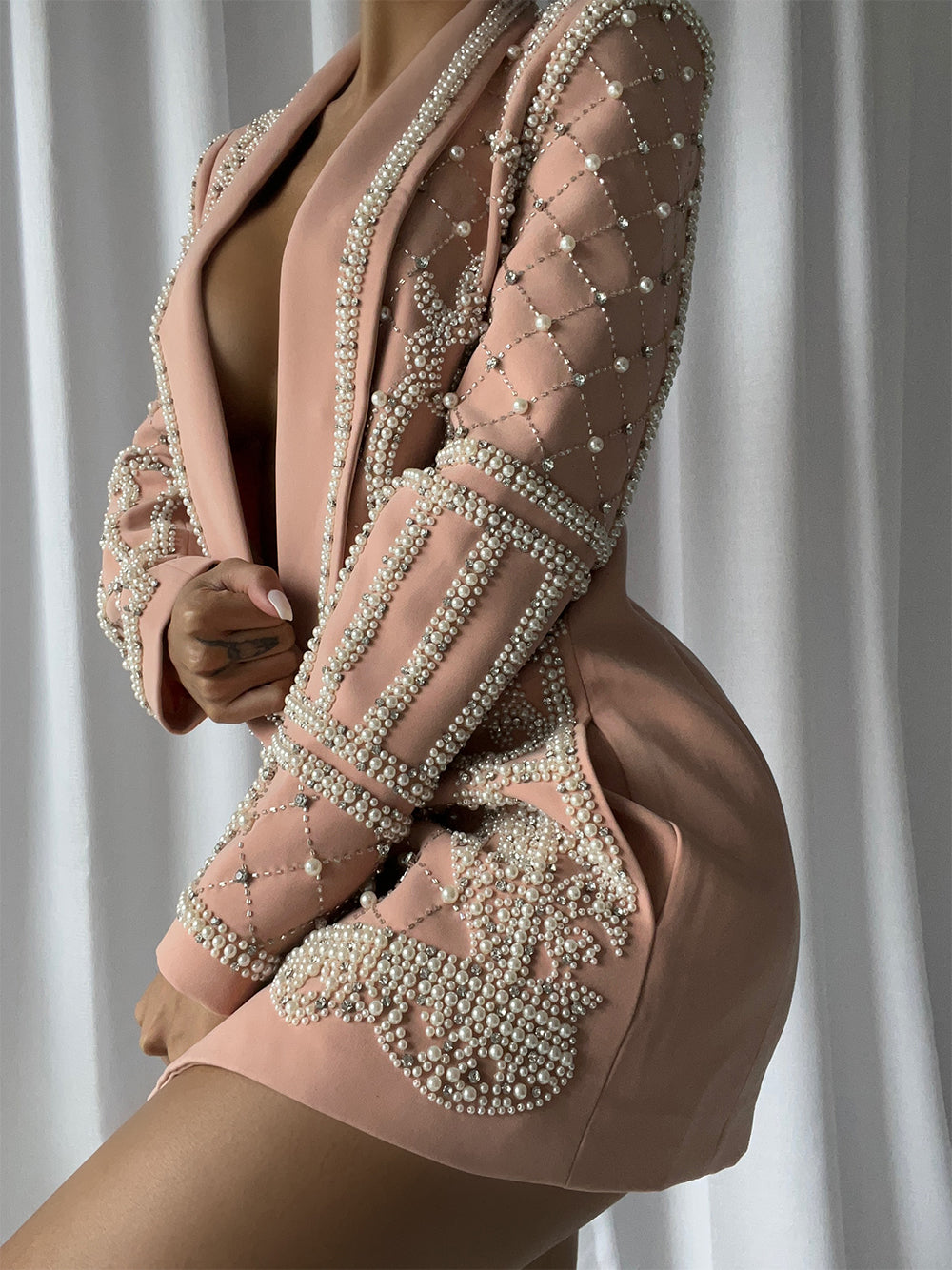Pearl Rhinestone Beaded Deep V-Neck Long Sleeve Blazer Mini Dress