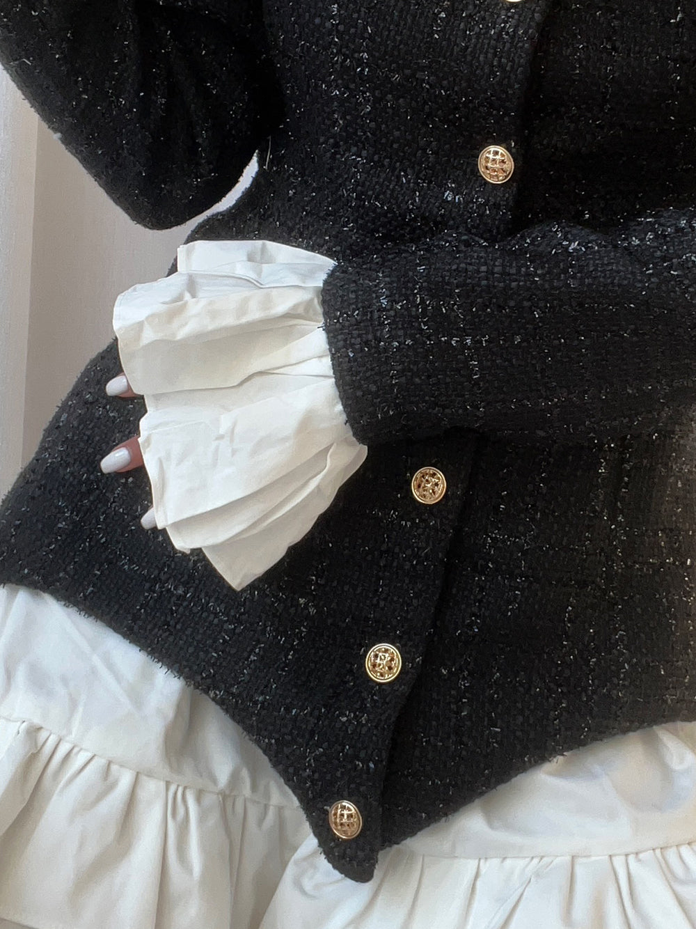 Tweed Faux Two Piece Ruffle Collar Button Front Mini Dress