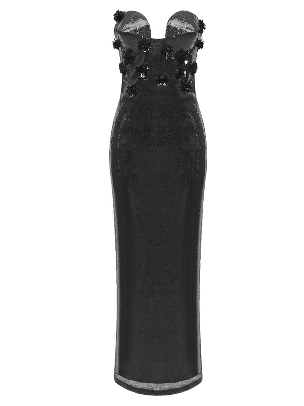 Sequin Strapless Sweetheart Corset 3D Floral Applique Bodycon Maxi Gown