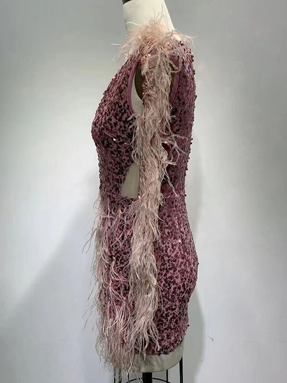 Sequin Deep V-Neck Feather Trim Long Sleeve Cut Out Mini Dress